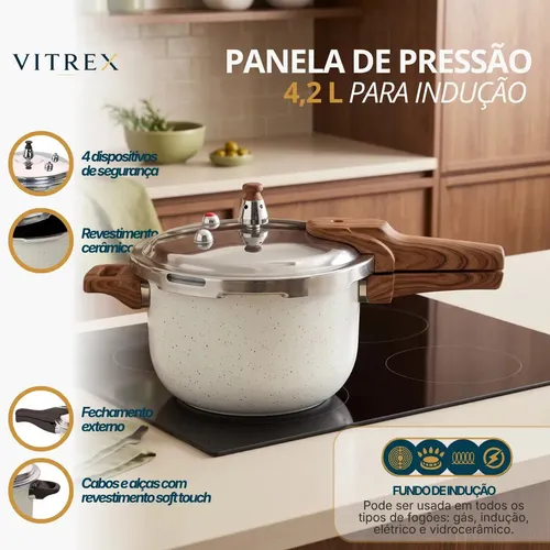 Panela De Pressão Indução 4,2L Revestimento Ceramico Antiaderente Com 4 Valvulas De Segurança Fechamento Externo, Cabos Soft Touch Vitrex Creme Granito