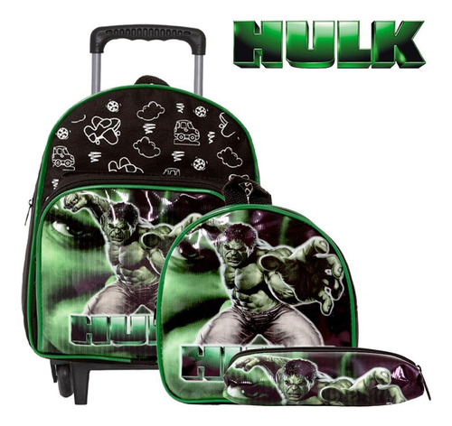 Kit Mochila Masculina Infantil Creche Rodinha Incrível Hulk