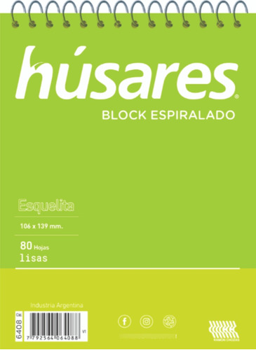 Block Espiral A6 Husares 6408 - 80hs Lisas - Pack X12