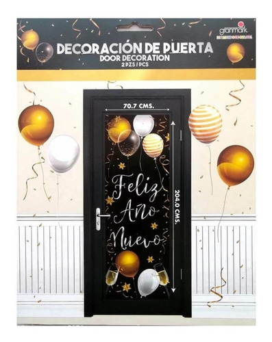 Decoración Adorno Puerta Año Nuevo Negro Oro Plata Hny Gm