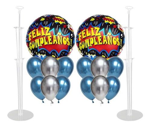 Pack 2 Uds Set Globos Decoración Feliz Cumpleaños + 2 Bases 