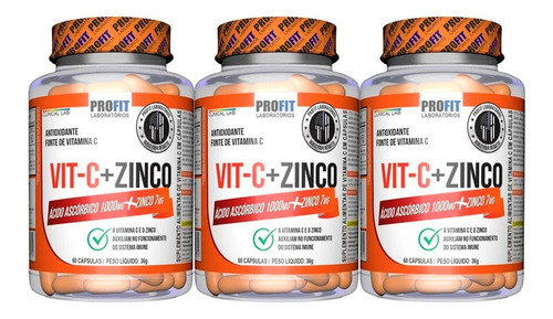 Kit 3x Vitamina C 1000mg + Zinco 7mg - Profit Labs Sabor Sem Sabor