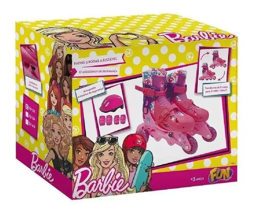 Patins Barbie 3 Rodas Rosa Ajustável 29 Ao 32 C/acessórios