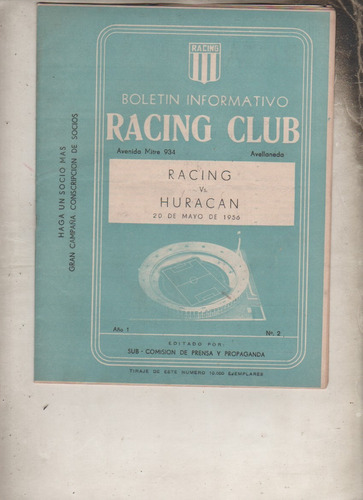 Boletin Informativo Racing Club - Nº 2 - Del Año 1956 Unico