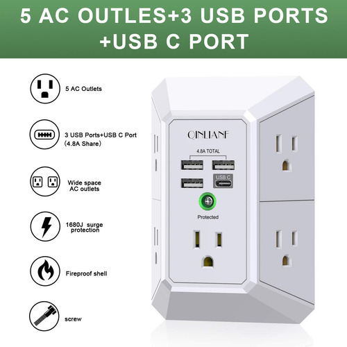 Multicontacto De Pared Con 5 Enchufes Y 4 Puertos Usb Blanco