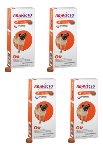 04 Bravecto Cães De 4,5 A 10kg 250mg Antipulgas E Carrapatos