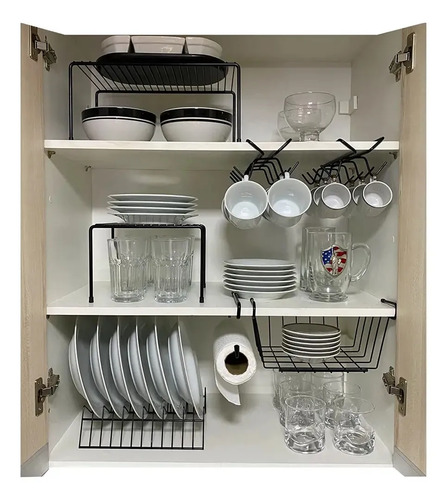Kit 7 Organizadores Para Cozinha Armário Prateleira Aramado Cor Preto