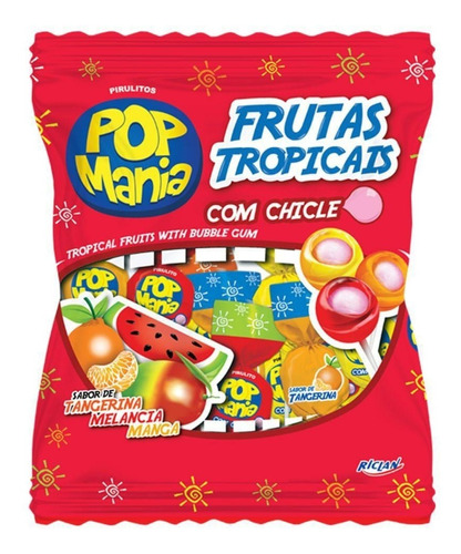 Pirulito Pop Mania Com Recheio Chiclete C/50un Sabor Frutas Tropicais