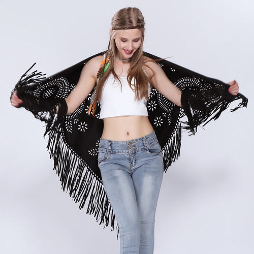 Poncho Aberto Com Franjas De Camurça Soltas Para Mulheres,