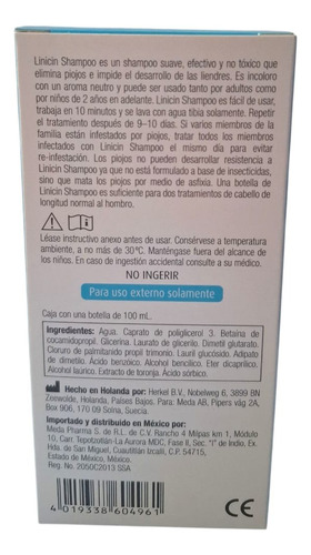 Shampoo Linicin Líquido Para Tratamiento De Piojos 100 Ml