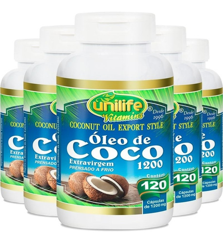 Kit 5 Óleo De Coco Extra Virgem 120 Cápsulas Unilife. Sabor Sem Sbaor