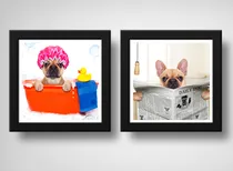Comprar Set 2 Cuadros Perro Bulldog Baño Mascota Bañera - 33x33cm Marco Negro