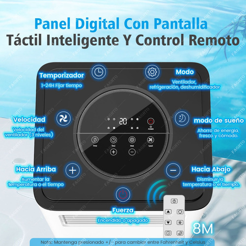 FAGHTO Aire Acondicionado Portátil 8000btu/h Con Deshumidificación Y Control Remoto 24h Temporizador 3 Modos Y Modo De Sueño 3 Velocidades Refrigerante R32