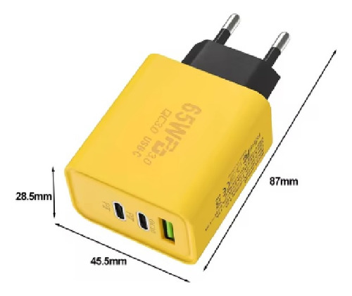Carregador Rápido Gan 65w, 3 Portas, Tipo-c, Usb-a E Usb Pd