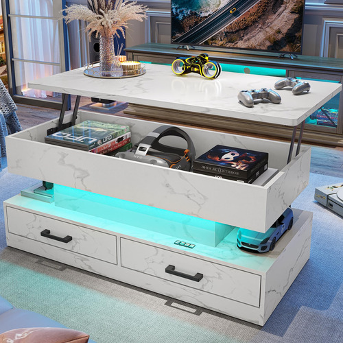 Mesa De Centro Elevable 102 Cm Con 2 Cajones Y Luz Led