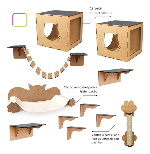 Kit Playground de Gatos 11 Peças Boxfan Parquinho Brinquedo Para Gato com Prateleiras Rede Arranhador Toca Nicho Ponte e Degraus