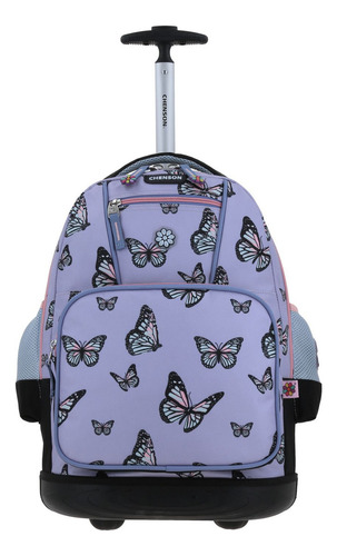 Mochila Grande Chenson De Baston Con Ruedas Luz Led Inobu Mariposas Color Morado Diseño De La Tela Liso
