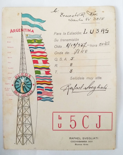 Antigua Postal  Radio Aficionado Argentina 1937