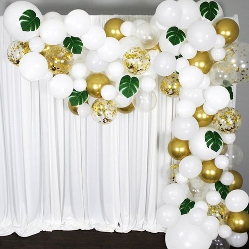 Imagen 2 de 6 de Arco Globos Decorativo Hojas Blanco Dorado Confetti Cumple