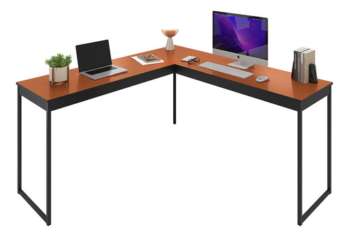 Mesa De Canto Em L Preto Com Cobre Para Home Office Ou Escritório - Estrutura Robusta E Design Industrial