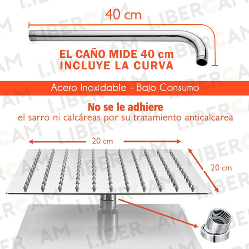 Imagen 7 de 10 de Flor Ducha Cuadrada 20x20 Acero Inoxidable + Brazo Caño 40cm