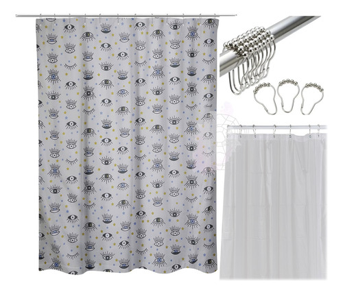 Combo Cortina De Baño Estampada + Protector + Ganchos Roller