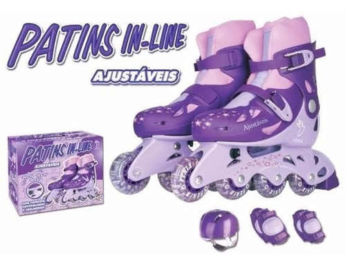 Patins In-line Roxo Ajustável 30 Ao 33 Kit Proteção