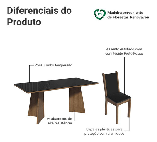 Sala jantar mesa tampo MDJA080007D8PT vidro 8 cadeiras cor rustic e preto
