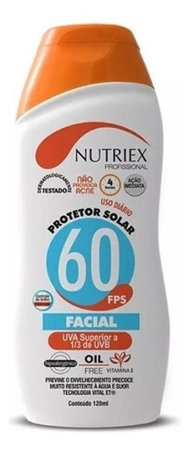 Protetor Bloqueador Solar Facial Fps 60 120ml Nutriex!