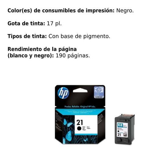Imagen 3 de 5 de Hp Cartucho De Tinta 21negro Original (c9351al)
