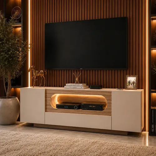 Rack Tv Off White Com Nicho Curvo Com Led Amadeirado Design Moderno Elegante Sala Home