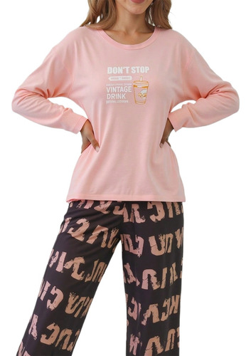 2pzs Conjunto De Pijama Casual Manga Larga Estampado Mujer