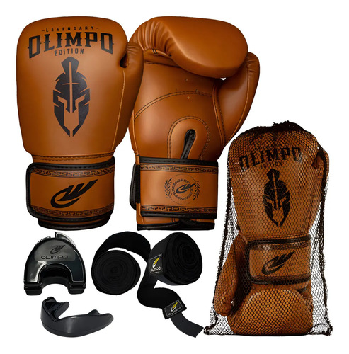 Luva De Boxe Muay Thai + Bandagem + Bucal + Case Kickboxing Cor Marrom Tamanho 14oz