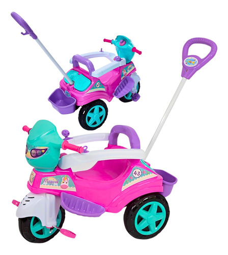 Triciclo Infantil Menina Motoca Rosa Com Empurrador E Pedal
