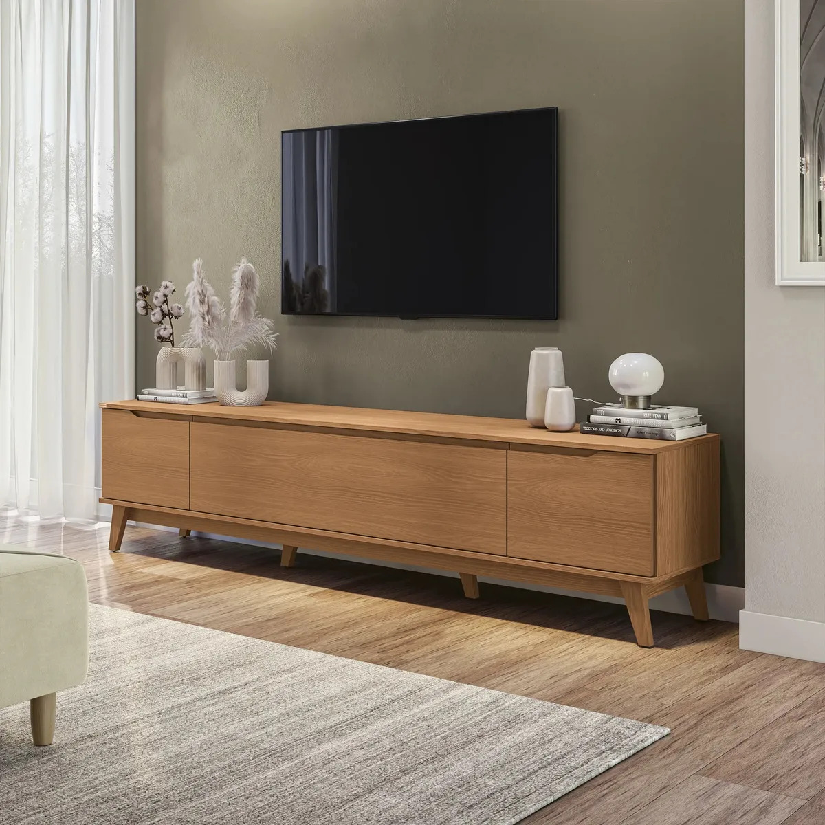 Centro de Entretenimiento Estante Mueble Mesa TV Kappesberg 218cm Hasta 85 Pulgadas con 3 Puertas Color Madera Canela