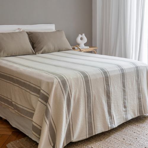 Funda De Edredón Luxury Raya Gruesa Cama Queen 140x190 Natural