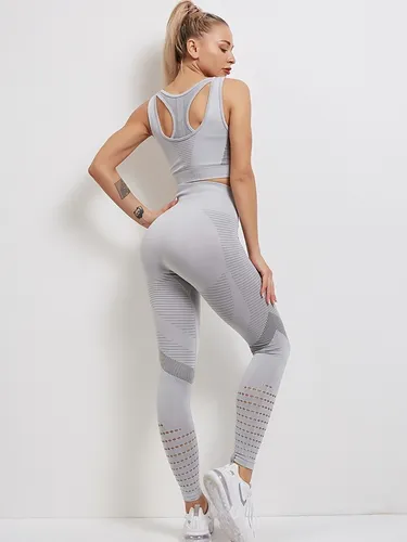 Conjunto Deportivo Lycra Tiro Alto + Crop Top Gris Ref 5070