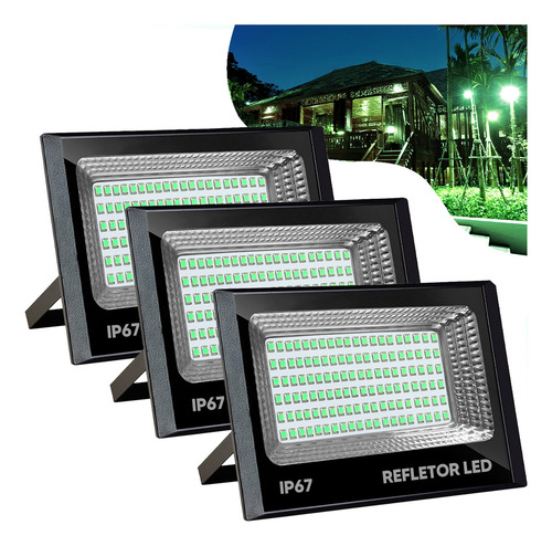 Kit 3 Refletores Led Eco 200w Cor Da Luz Verde 127/220V Ip67 Alta Eficiência Biribio Refletor Led 152