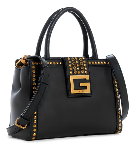 Bolsa Guess Bling Society Satchel Vb798406-bla Acabado De Los Herrajes Niquel Color Negro Fuerte Color De La Correa De Hombro Negro Diseño De La Tela Liso