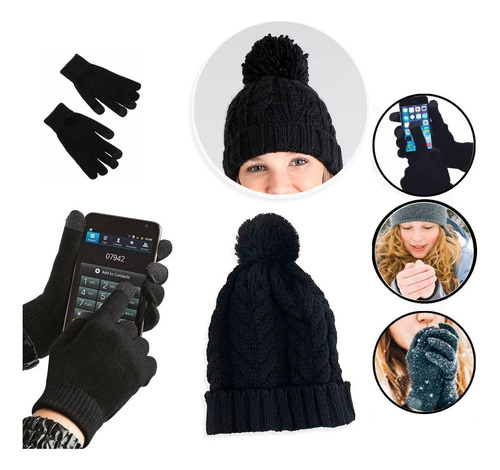 Kit Inverno Gorro Lã Tricot E Luvas Com Touch Para Celulares