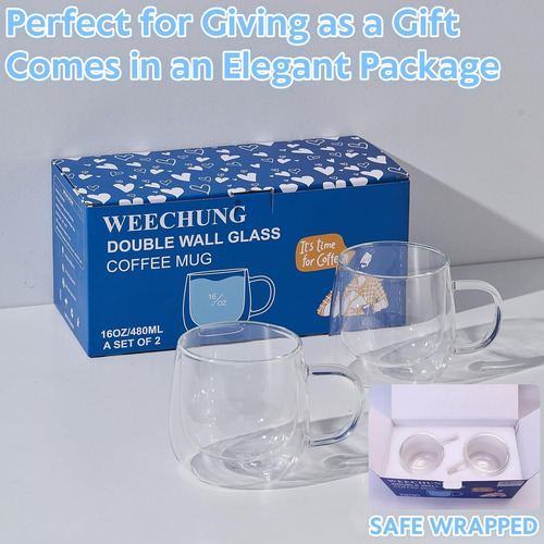 Juego De 2 Tazas De Café De Vidrio De Doble Pared De 16 Oz,