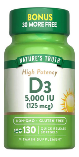 Nature's Truth Suplemento de Vitamina D3 130 Cápsulas de 125 Mcg (5000 UI) Para 4 Meses