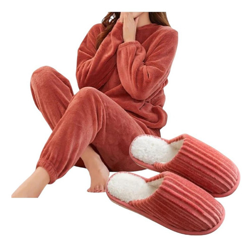 Pijama Polar Mujer Adulto 2 Piezas + Pantuflas 