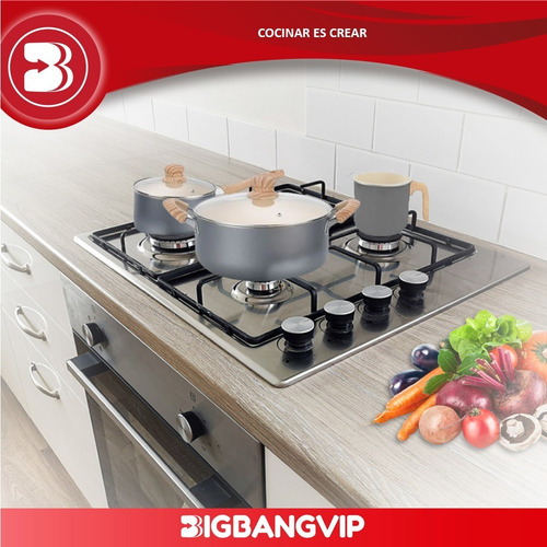 Imagen 3 de 6 de Set Sarten Wok Olla Cocina Gris Crema Antiadherente 9 Piezas
