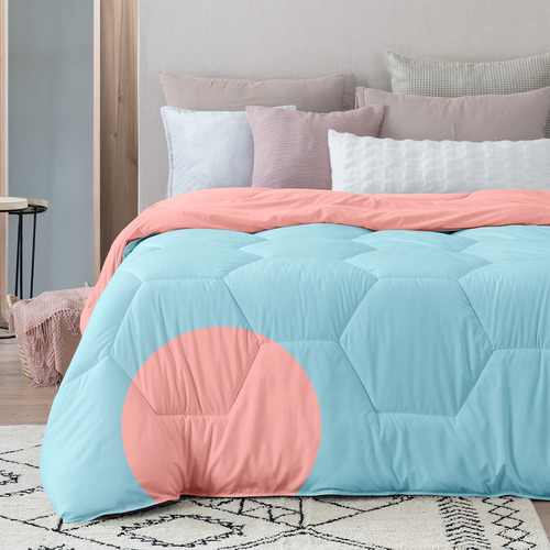 Edredón Esquimal Acolchado Dos Vistas Matrimonial Azul claro - coral | Úsalo Como Edredón O Con Funda Duvet