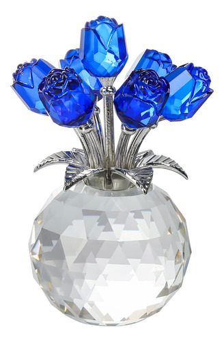 Figura De Cristal De Flor De Rosa Azul Con Jarrón, Ramo De F