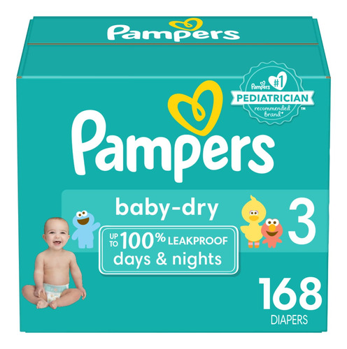 Pañales Pampers Baby Dry, Tamaño 3, 168 Unidades, Desechable