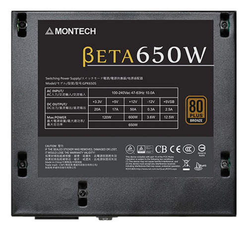 Fonte Montech Beta Bronze 650w, 80 Plus Bronze, Pfc Ativo
