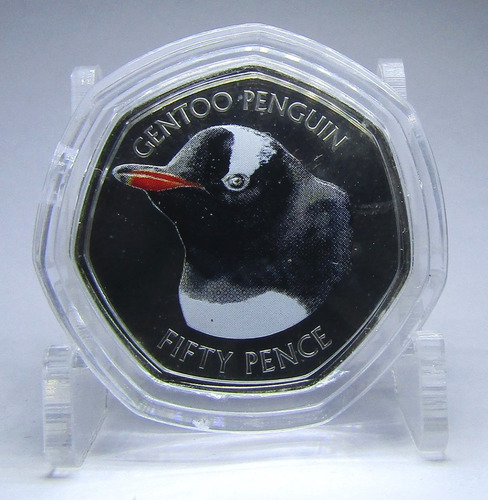 Malvinas Moneda De 50 Pence 2018 Pingúino Gentoo A Color