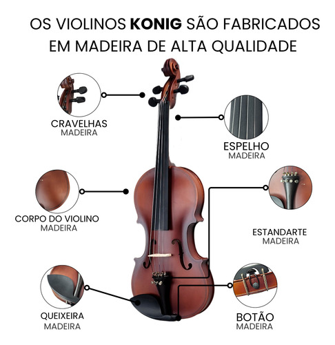 Kit Violino Konig Fosco 4/4 Estojo Espaleira Afinador Breu